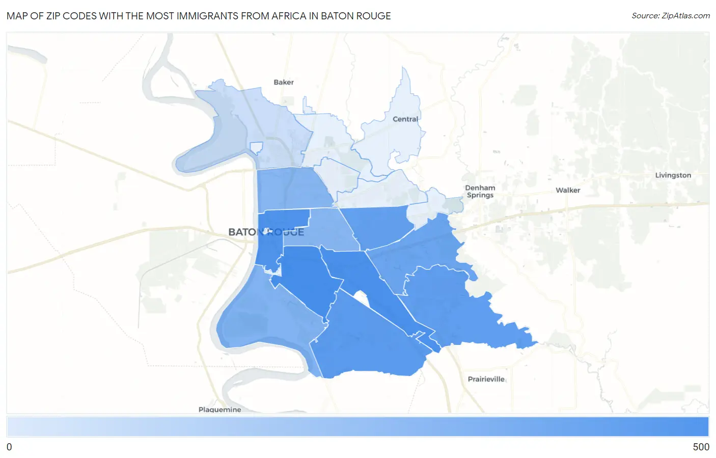 Zip Codes with the Most Immigrants from Africa in Baton Rouge Map