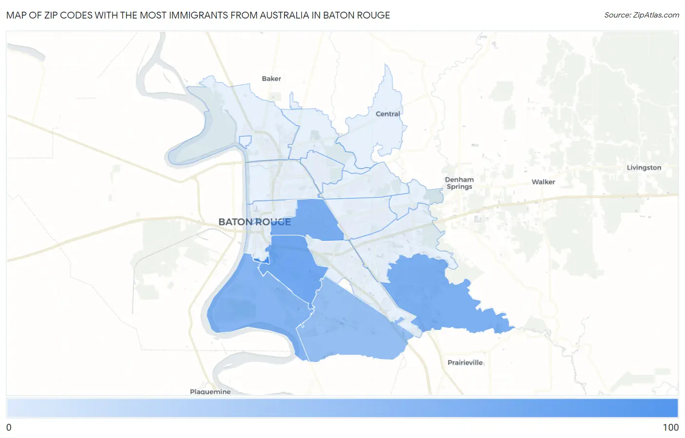 Zip Codes with the Most Immigrants from Australia in Baton Rouge Map