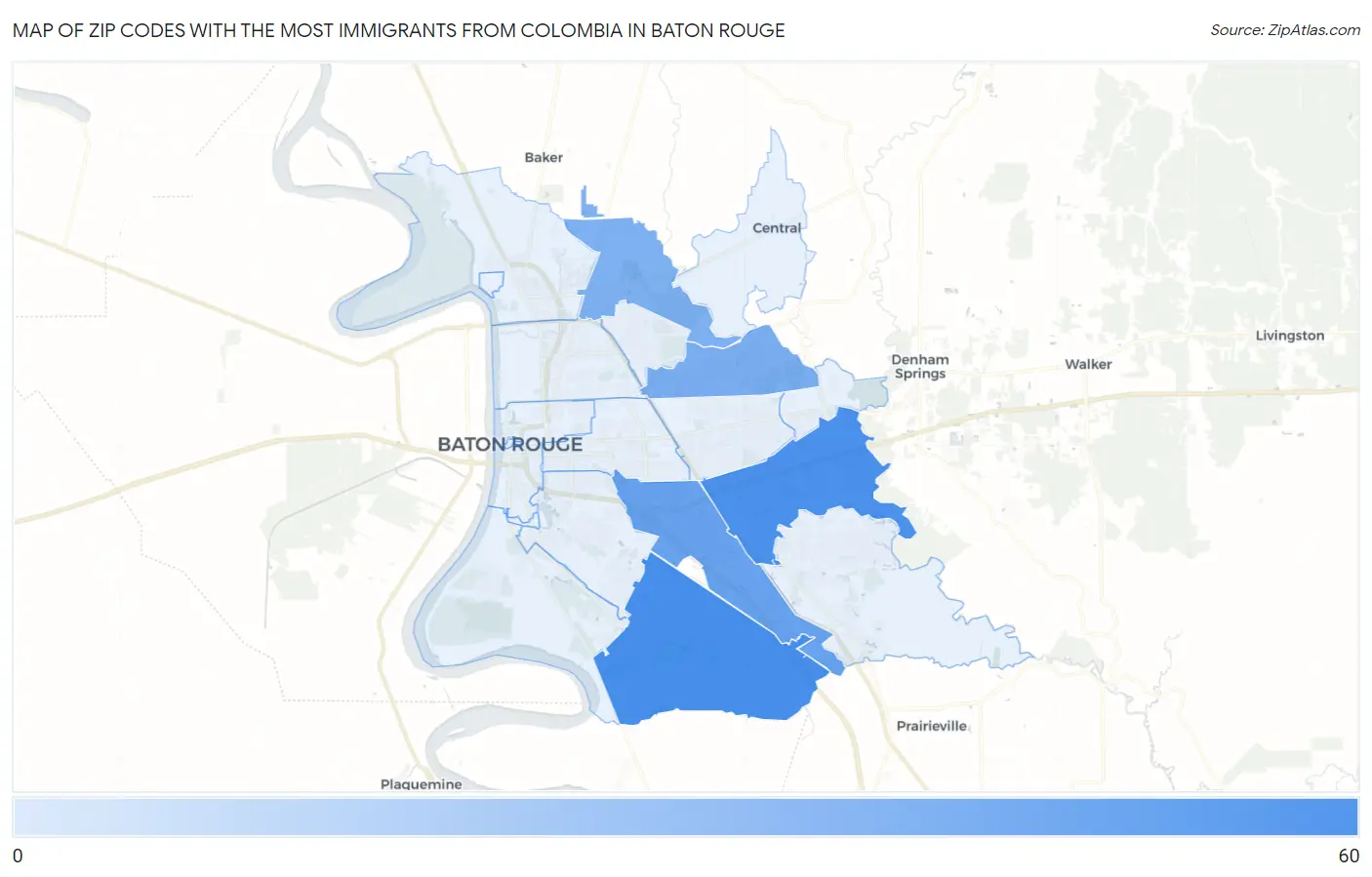 Zip Codes with the Most Immigrants from Colombia in Baton Rouge Map