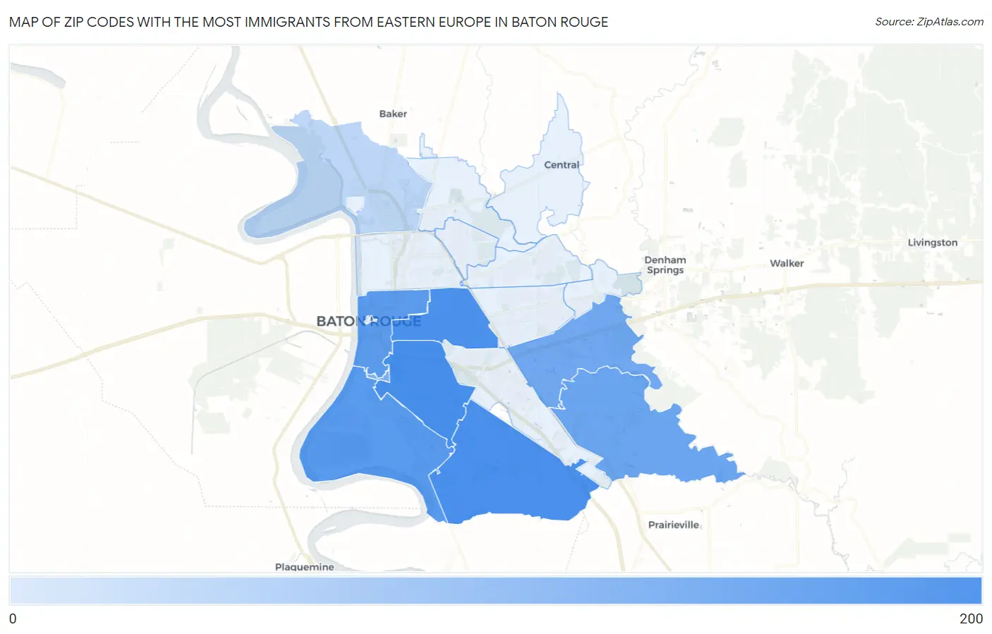 Zip Codes with the Most Immigrants from Eastern Europe in Baton Rouge Map