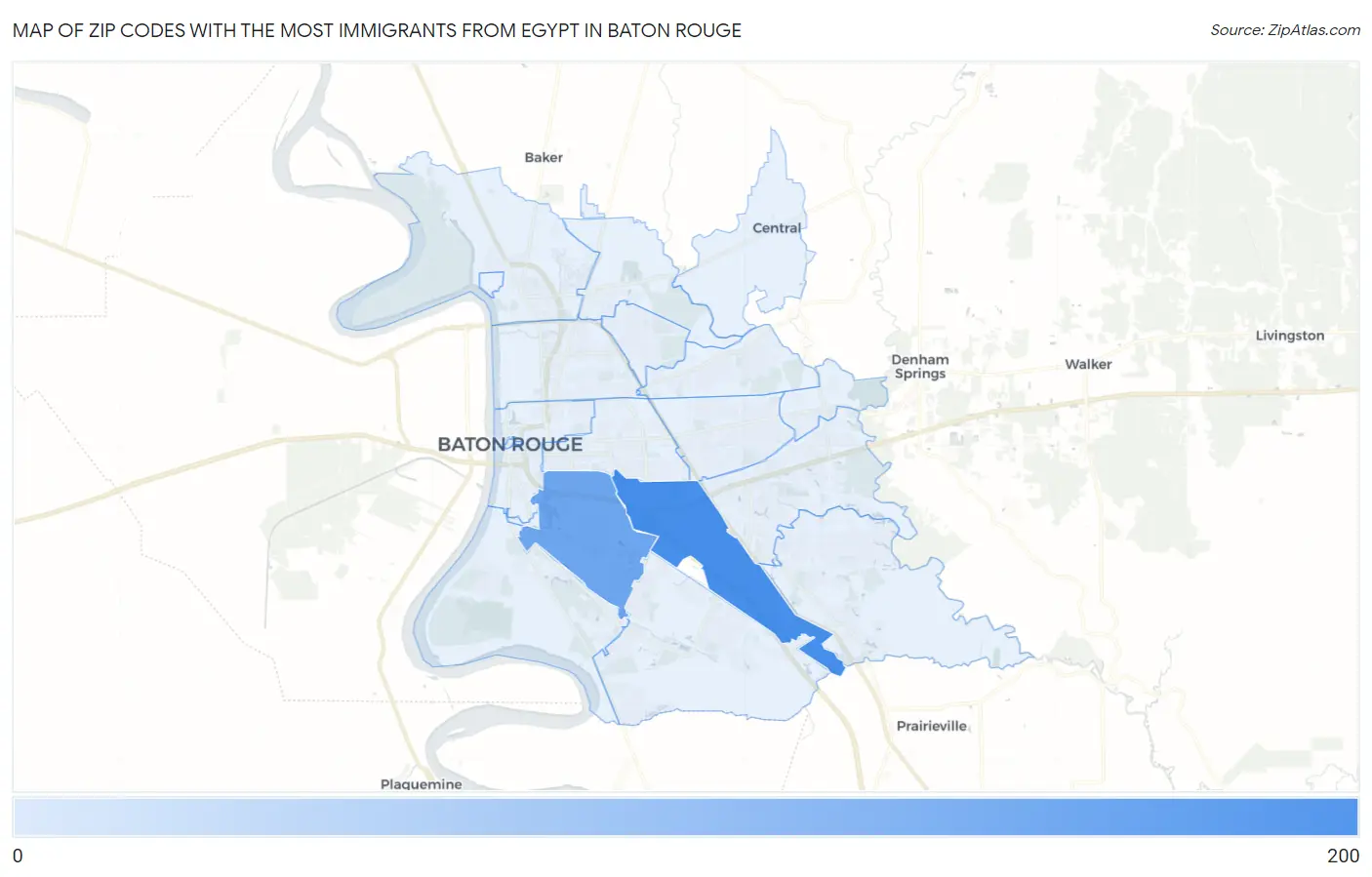 Zip Codes with the Most Immigrants from Egypt in Baton Rouge Map