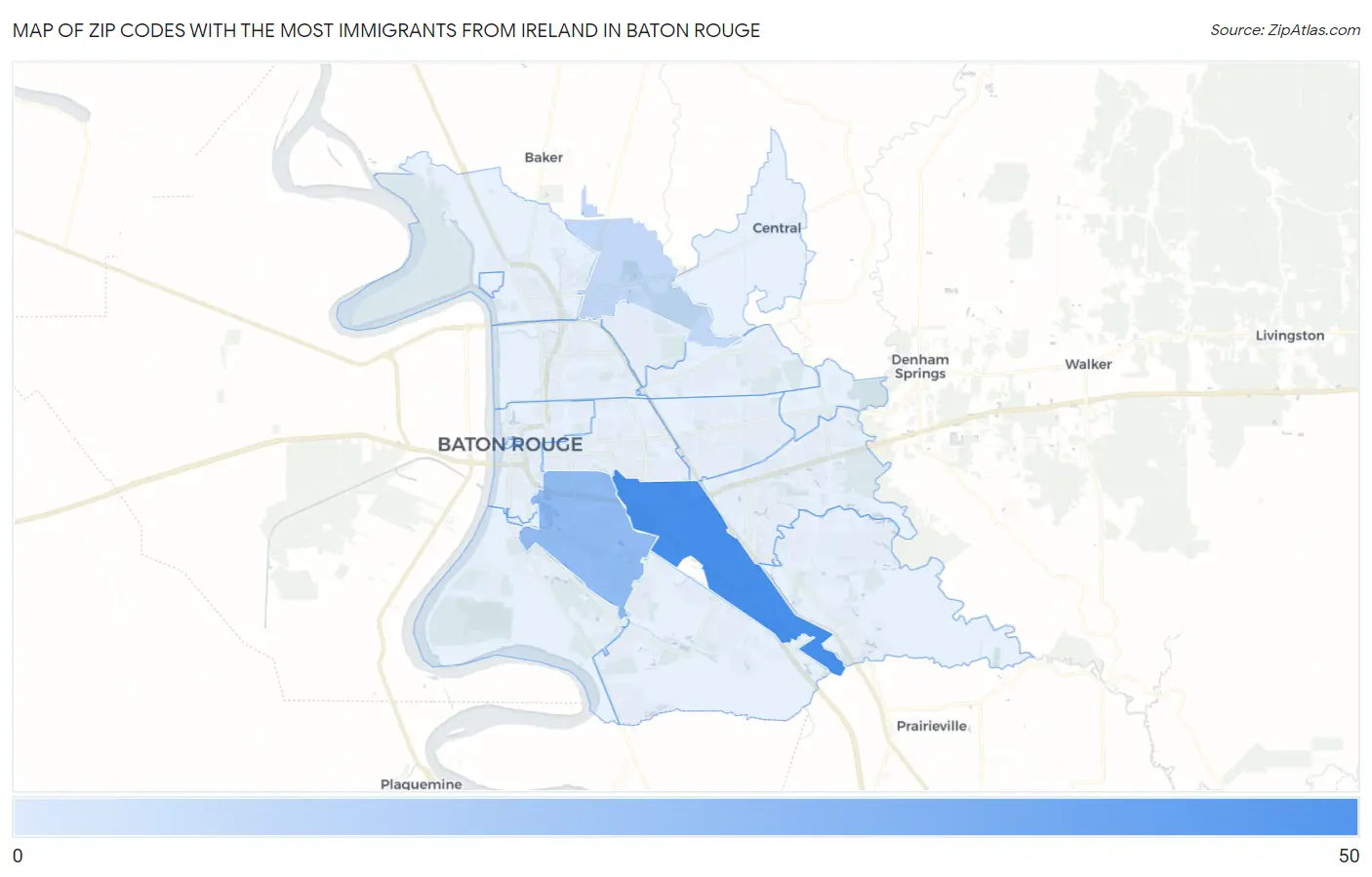Zip Codes with the Most Immigrants from Ireland in Baton Rouge Map