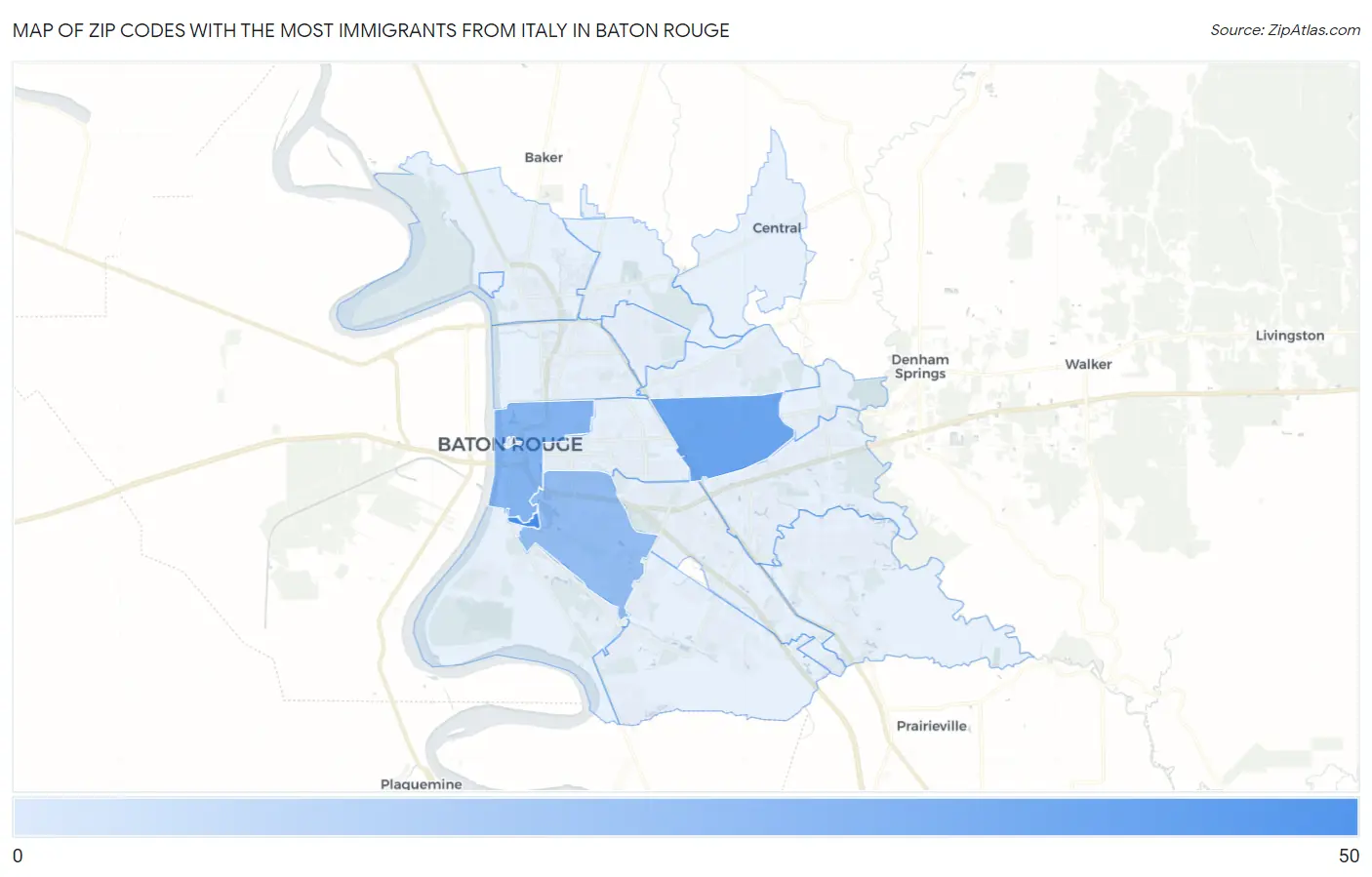 Zip Codes with the Most Immigrants from Italy in Baton Rouge Map