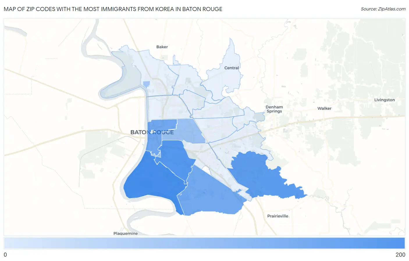 Zip Codes with the Most Immigrants from Korea in Baton Rouge Map