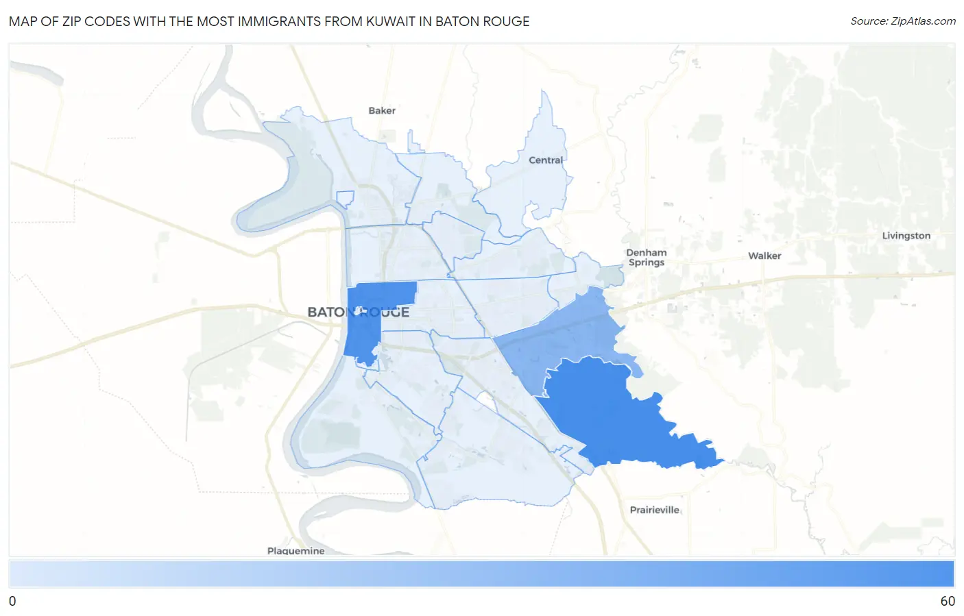 Zip Codes with the Most Immigrants from Kuwait in Baton Rouge Map