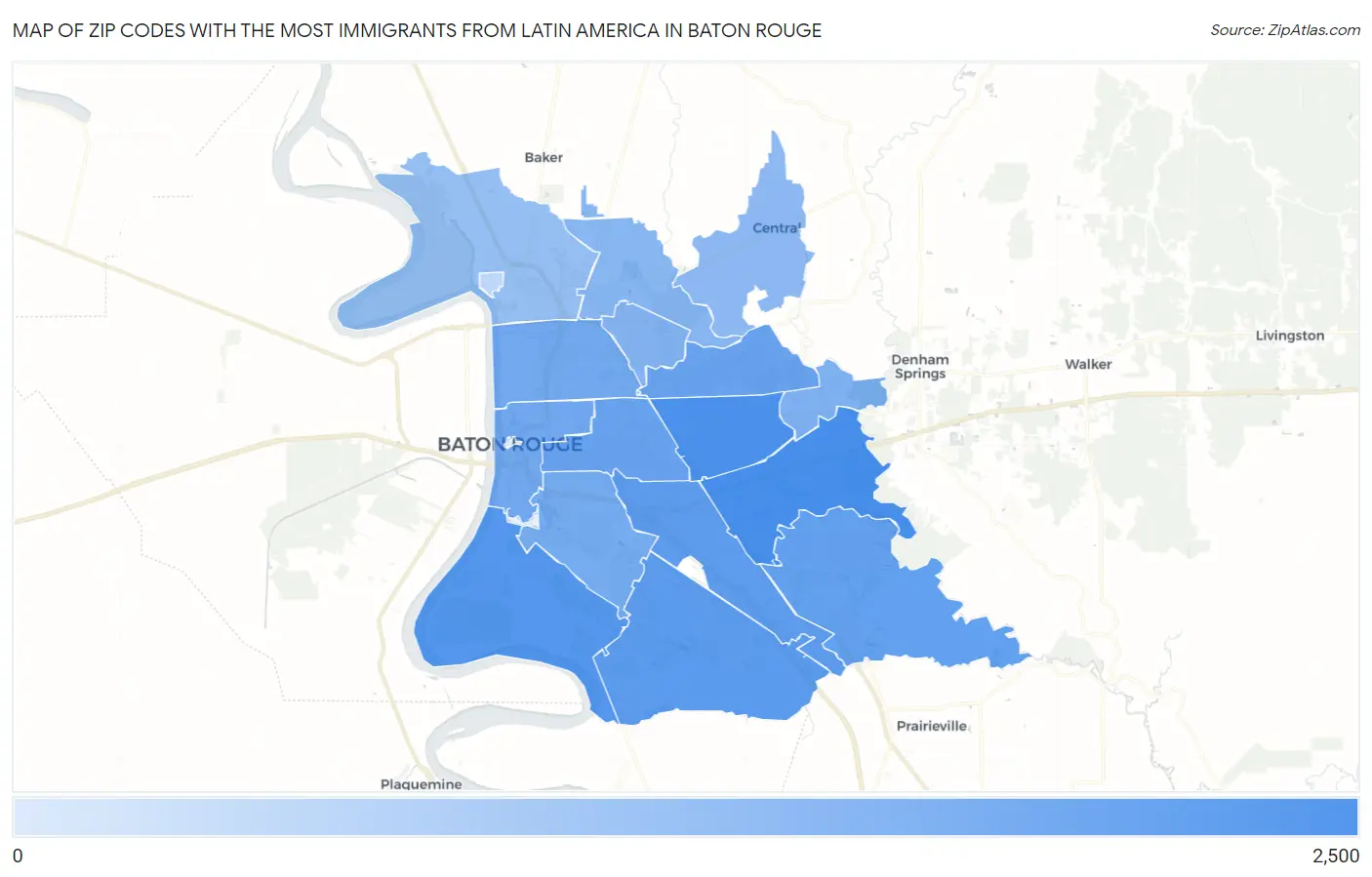 Zip Codes with the Most Immigrants from Latin America in Baton Rouge Map