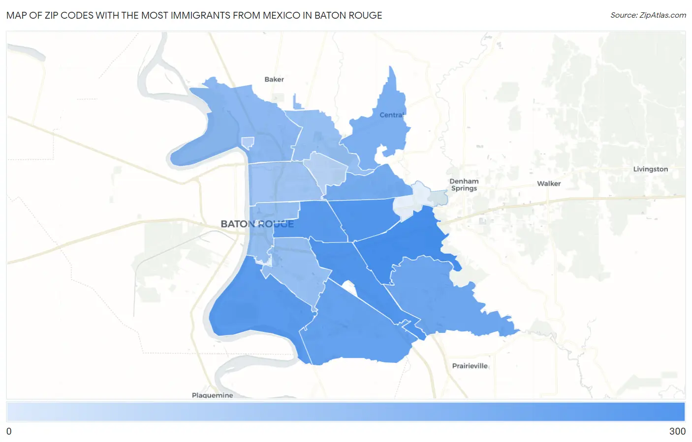 Zip Codes with the Most Immigrants from Mexico in Baton Rouge Map