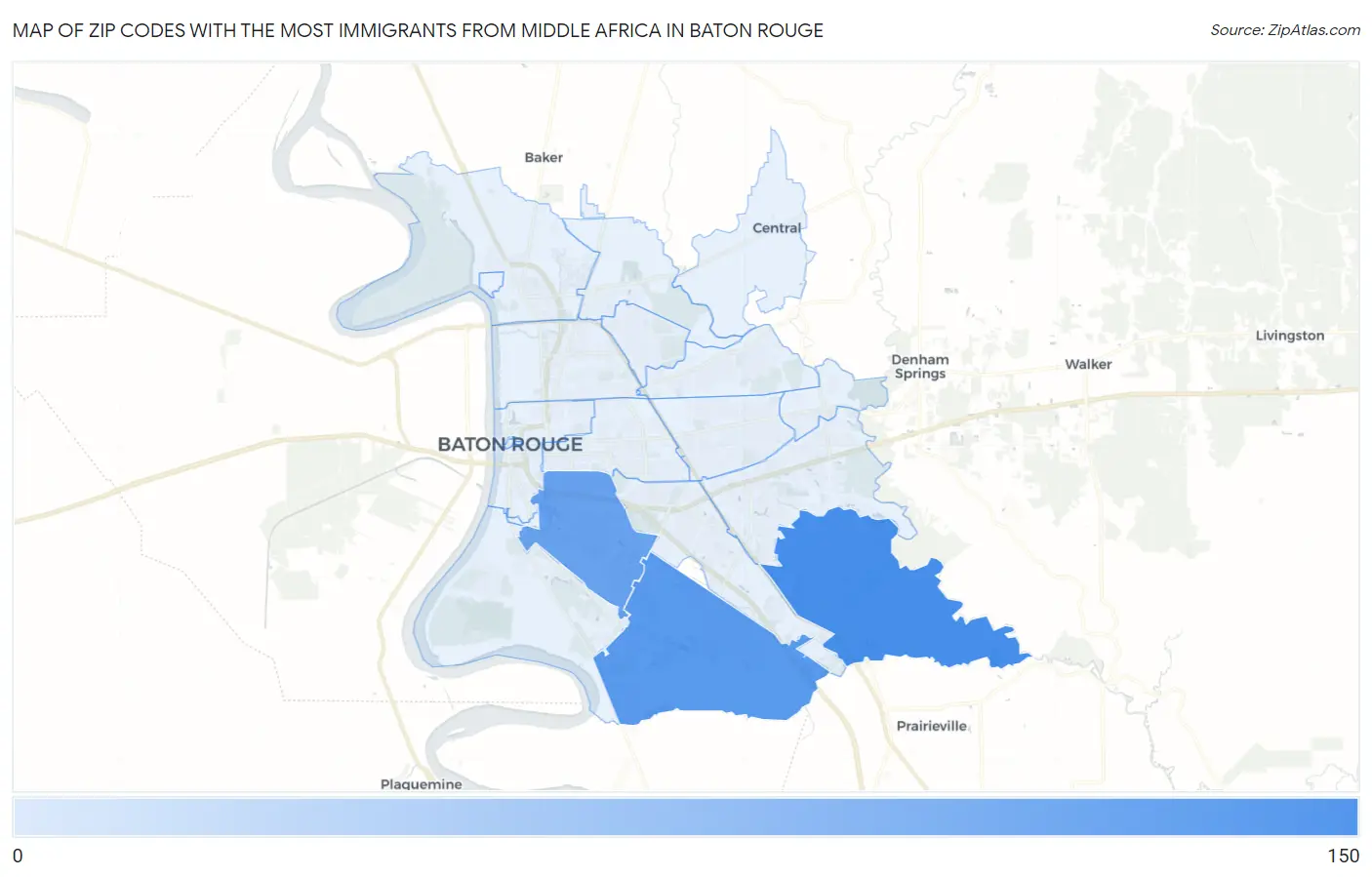 Zip Codes with the Most Immigrants from Middle Africa in Baton Rouge Map
