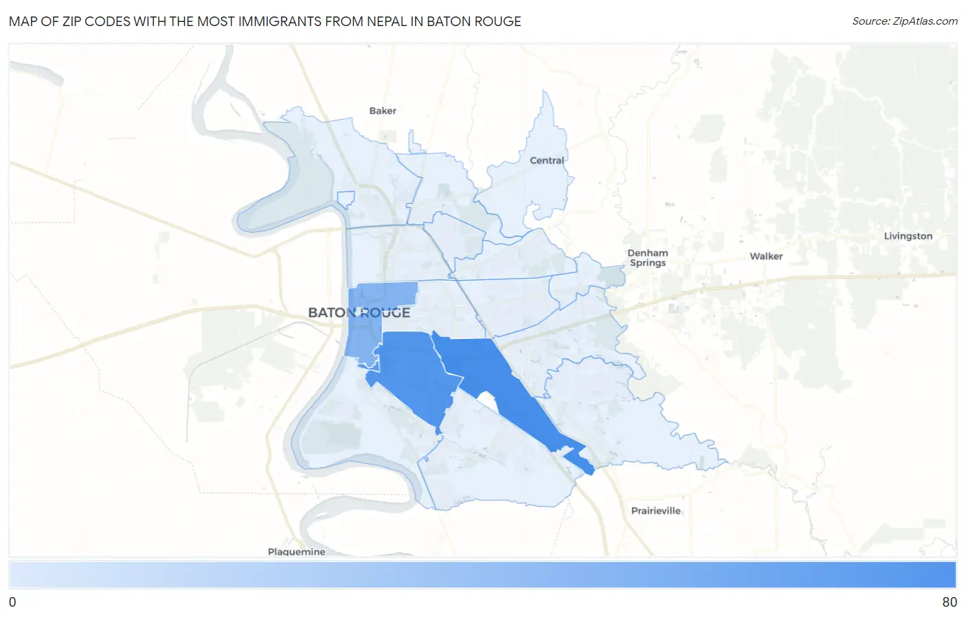 Zip Codes with the Most Immigrants from Nepal in Baton Rouge Map