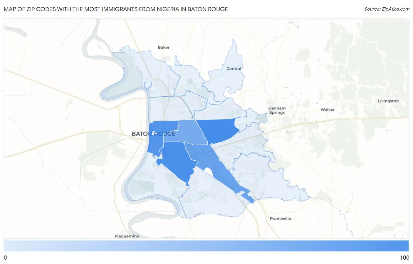 Zip Codes with the Most Immigrants from Nigeria in Baton Rouge Map