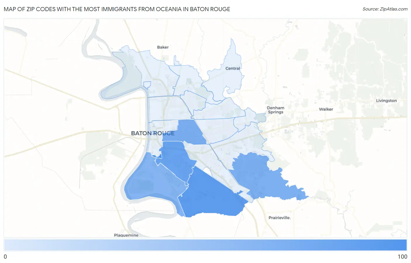 Zip Codes with the Most Immigrants from Oceania in Baton Rouge Map