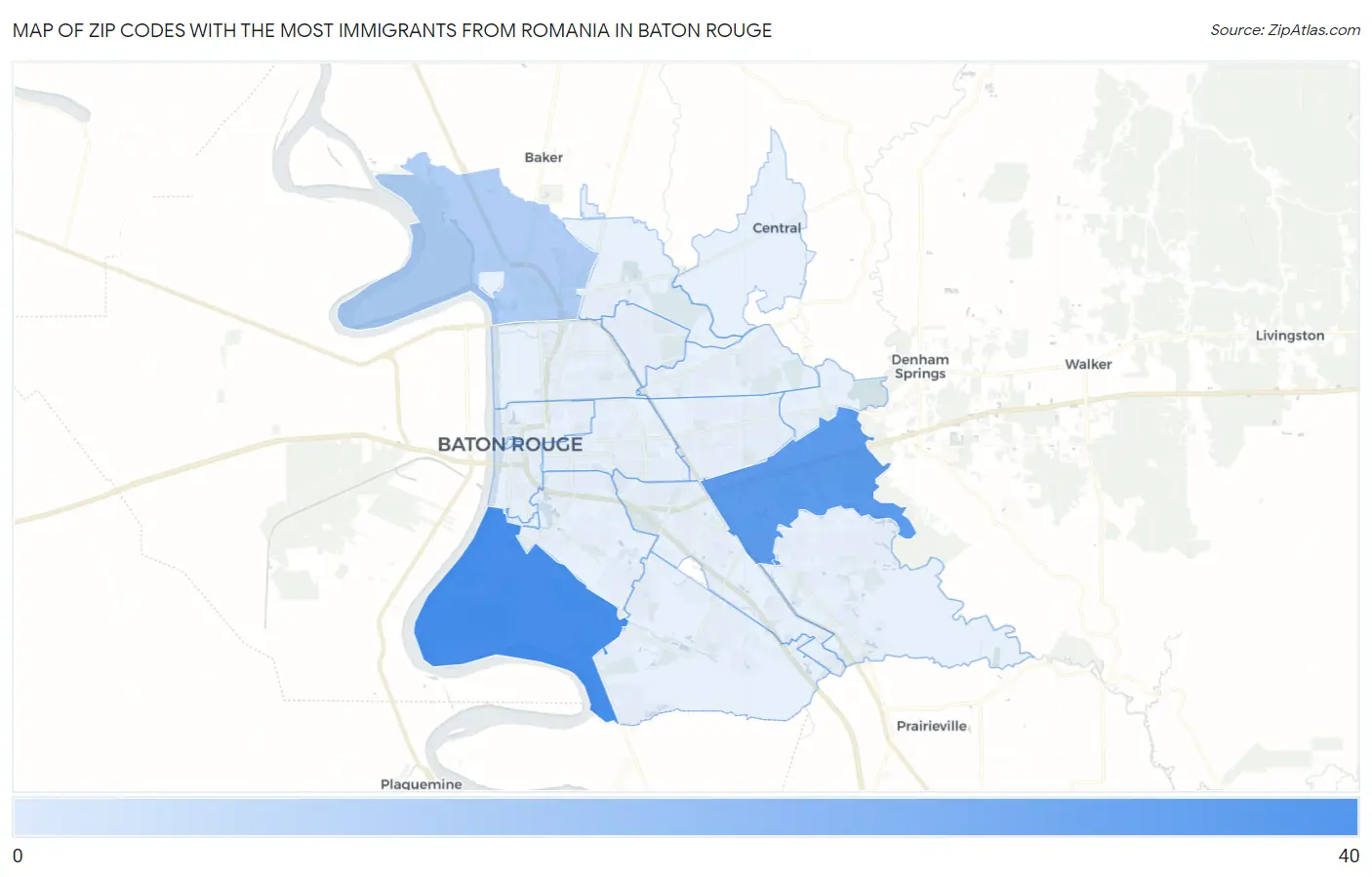 Zip Codes with the Most Immigrants from Romania in Baton Rouge Map