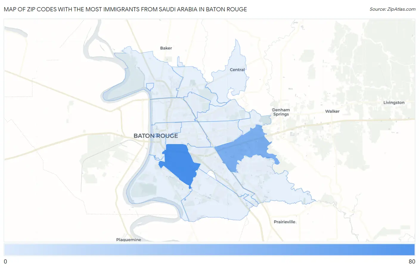 Zip Codes with the Most Immigrants from Saudi Arabia in Baton Rouge Map