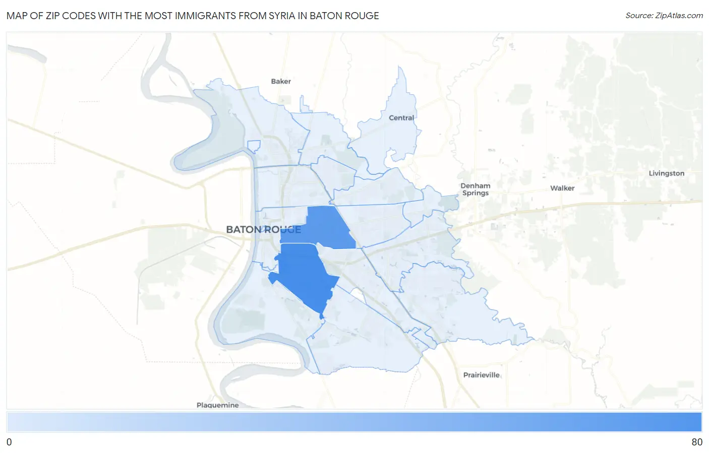 Zip Codes with the Most Immigrants from Syria in Baton Rouge Map