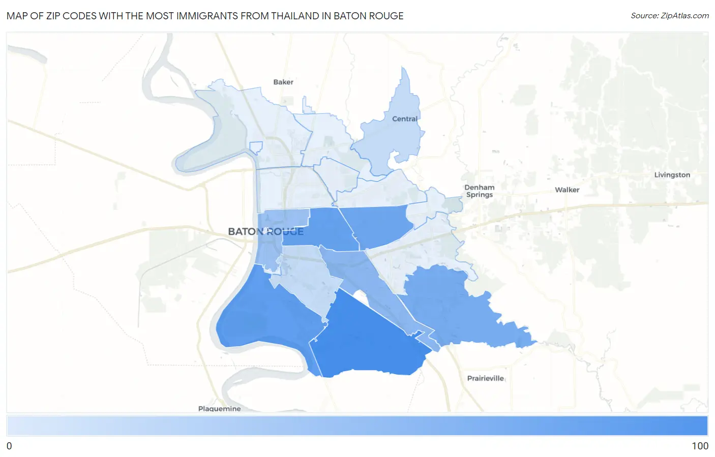 Zip Codes with the Most Immigrants from Thailand in Baton Rouge Map