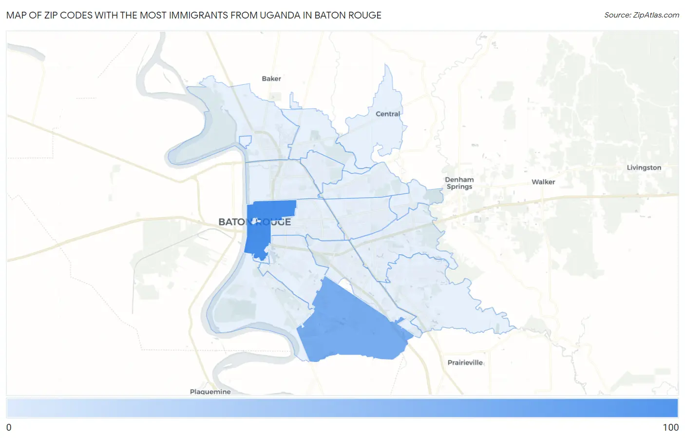 Zip Codes with the Most Immigrants from Uganda in Baton Rouge Map