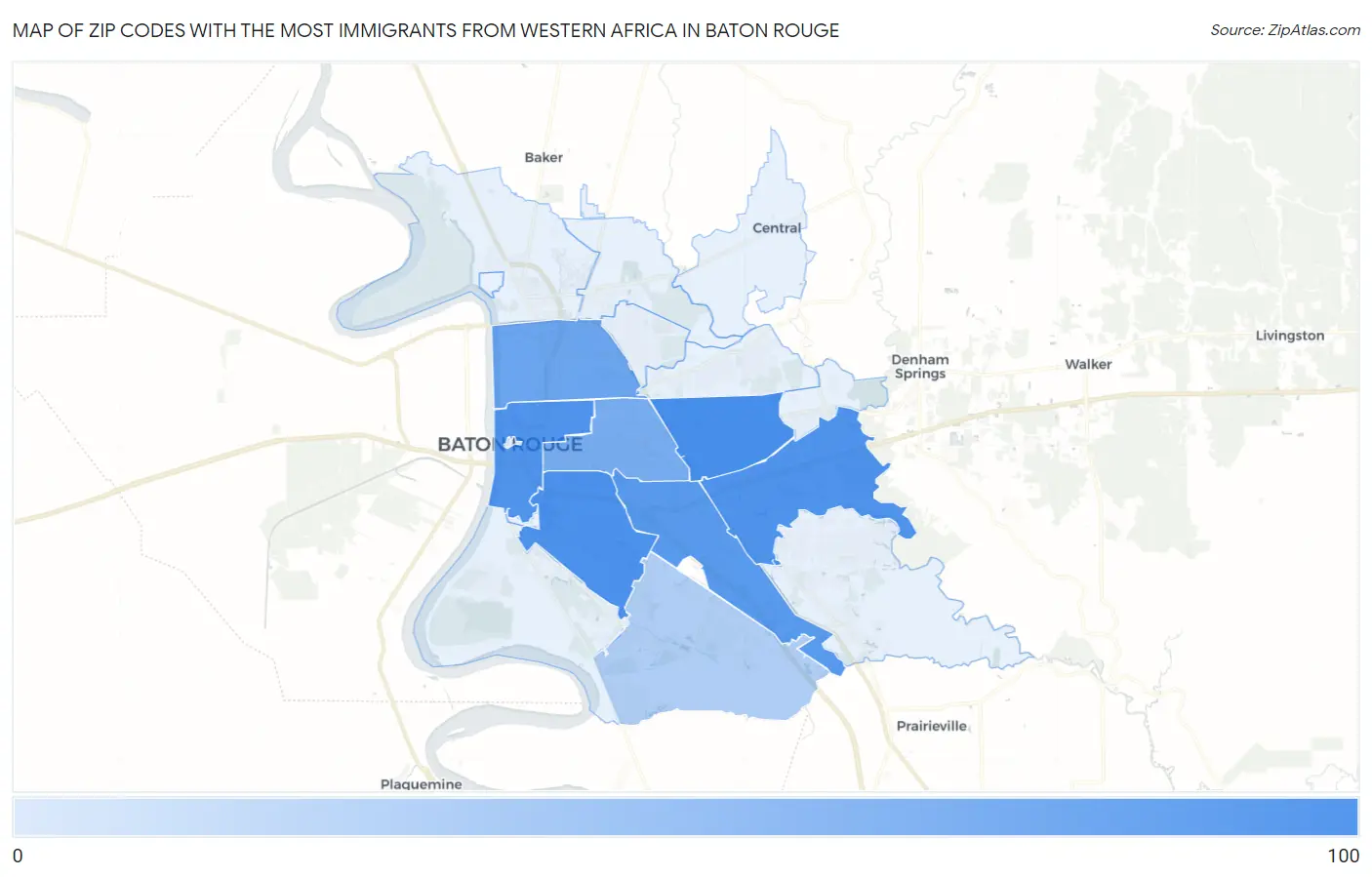Zip Codes with the Most Immigrants from Western Africa in Baton Rouge Map