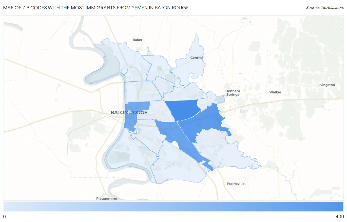 Zip Codes with the Most Immigrants from Yemen in Baton Rouge Map