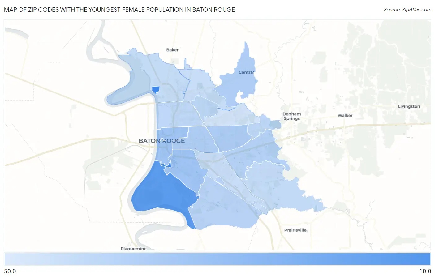 Zip Codes with the Youngest Female Population in Baton Rouge Map