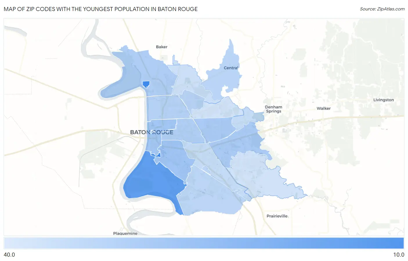 Zip Codes with the Youngest Population in Baton Rouge Map