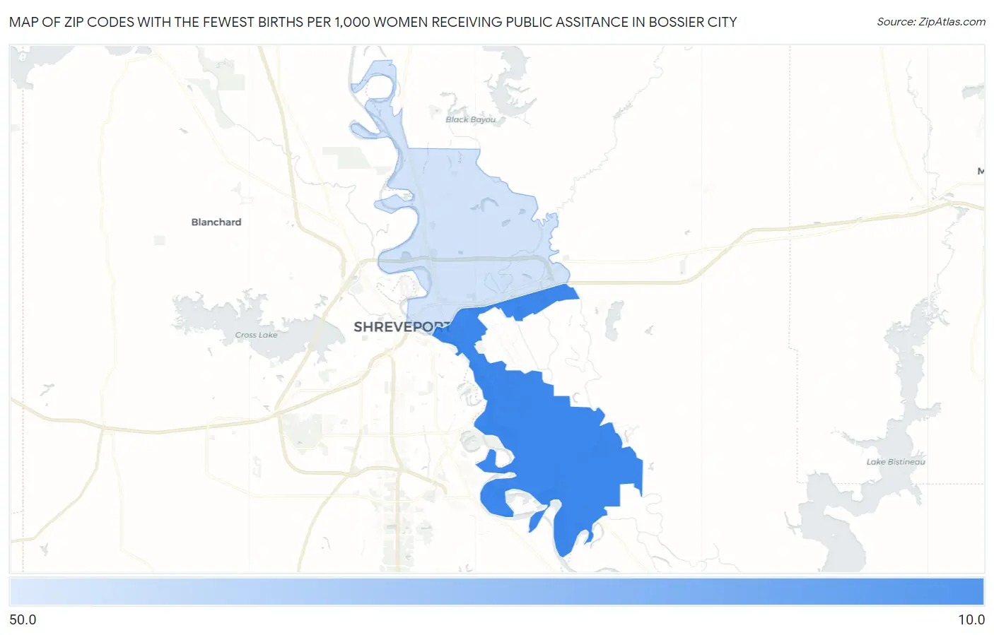 Zip Codes with the Fewest Births per 1,000 Women Receiving Public Assitance in Bossier City Map