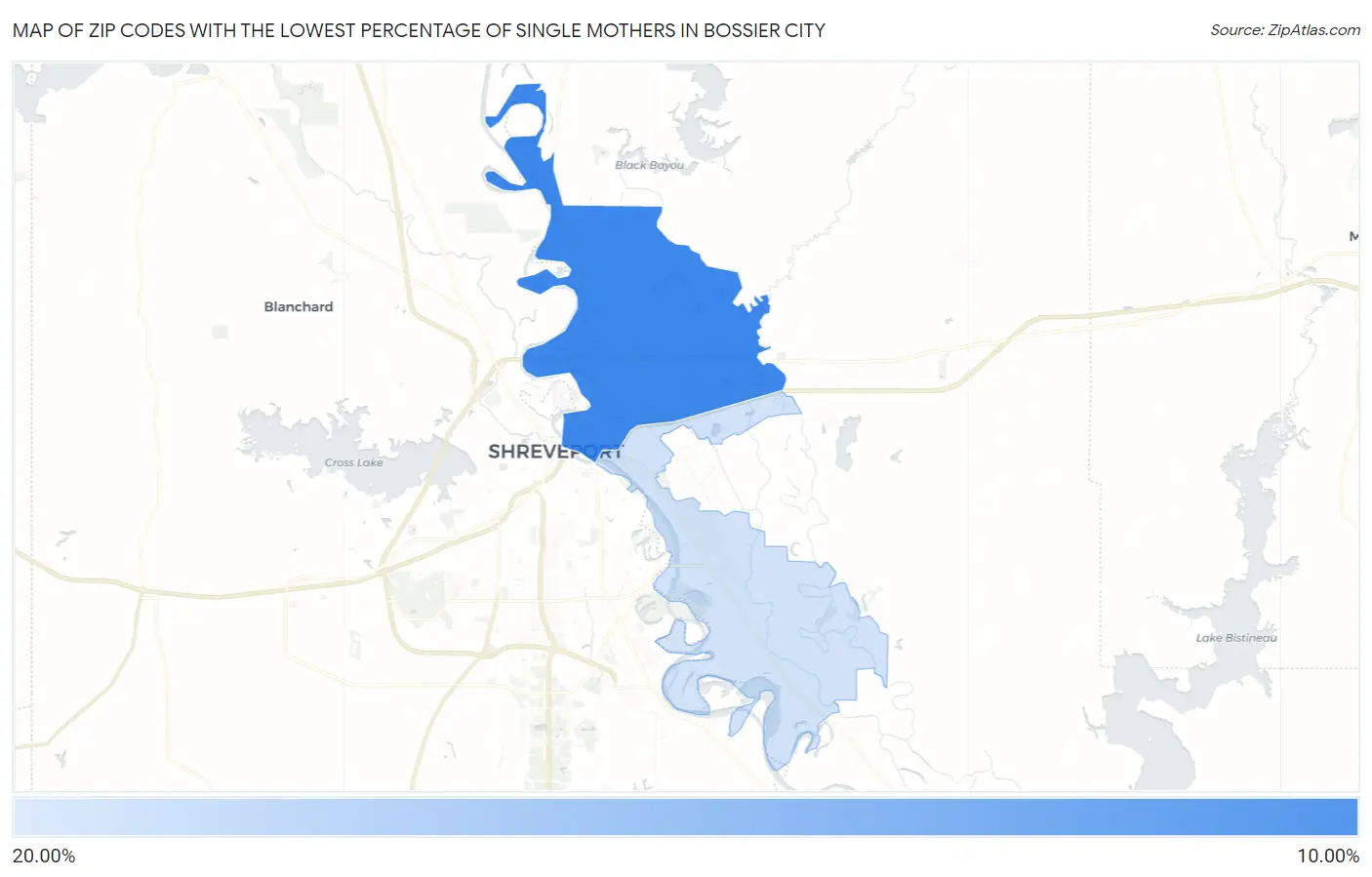 Zip Codes with the Lowest Percentage of Single Mothers in Bossier City Map