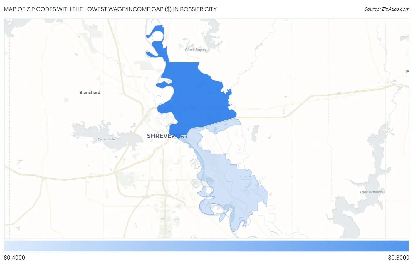 Zip Codes with the Lowest Wage/Income Gap ($) in Bossier City Map