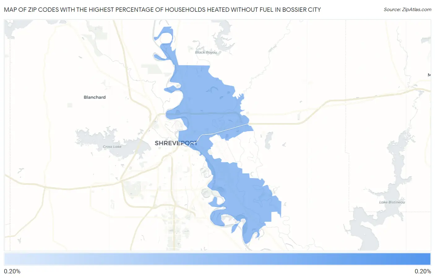 Zip Codes with the Highest Percentage of Households Heated without Fuel in Bossier City Map