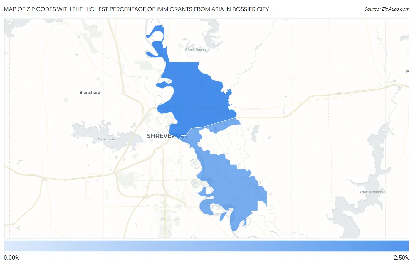Zip Codes with the Highest Percentage of Immigrants from Asia in Bossier City Map