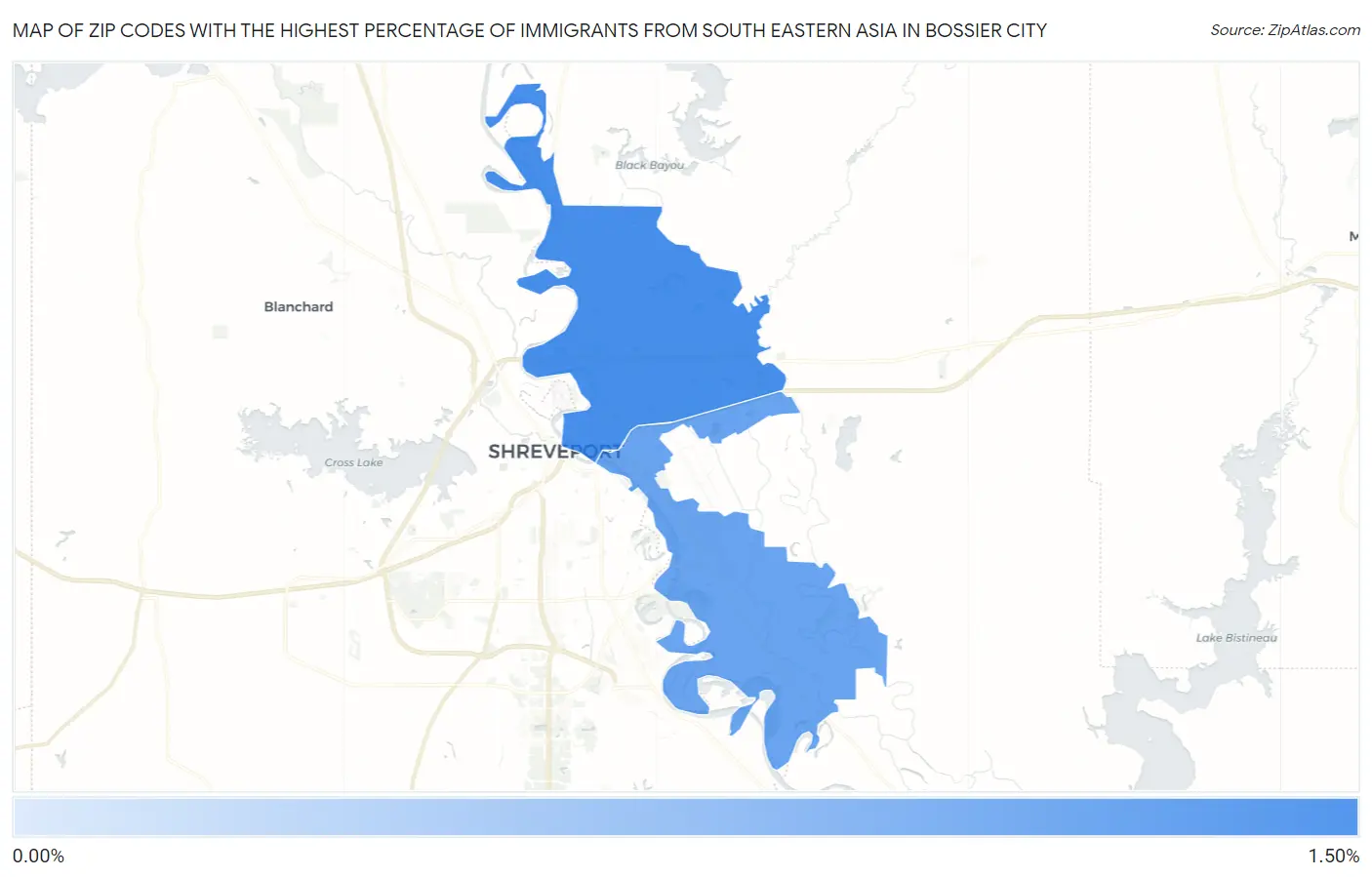 Zip Codes with the Highest Percentage of Immigrants from South Eastern Asia in Bossier City Map