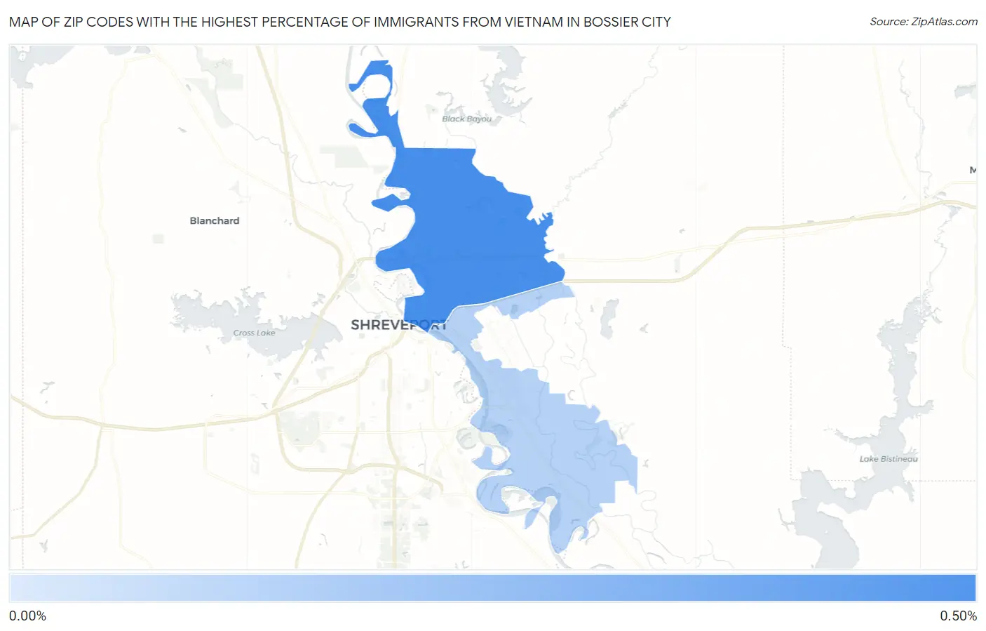 Zip Codes with the Highest Percentage of Immigrants from Vietnam in Bossier City Map