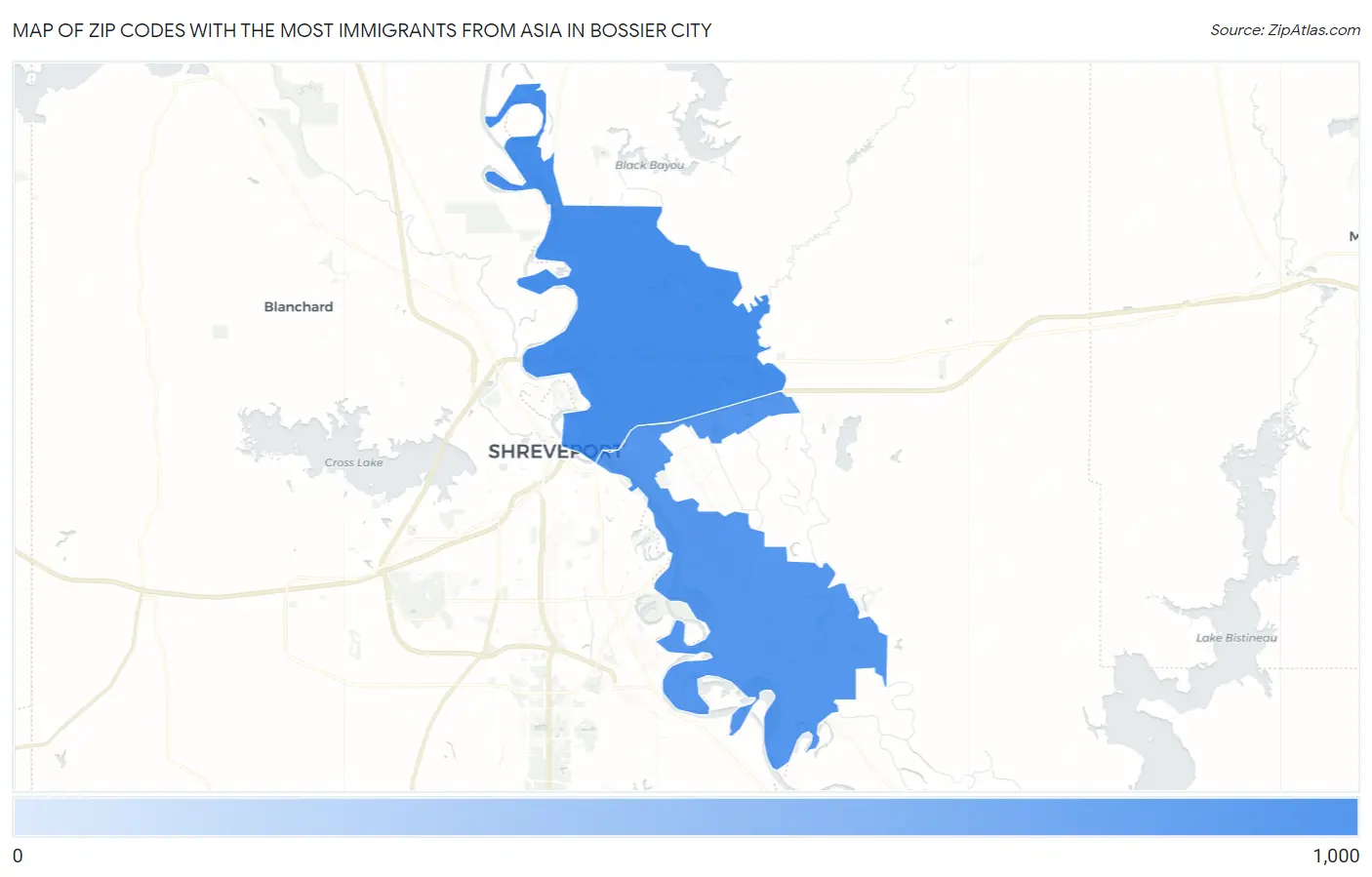 Zip Codes with the Most Immigrants from Asia in Bossier City Map