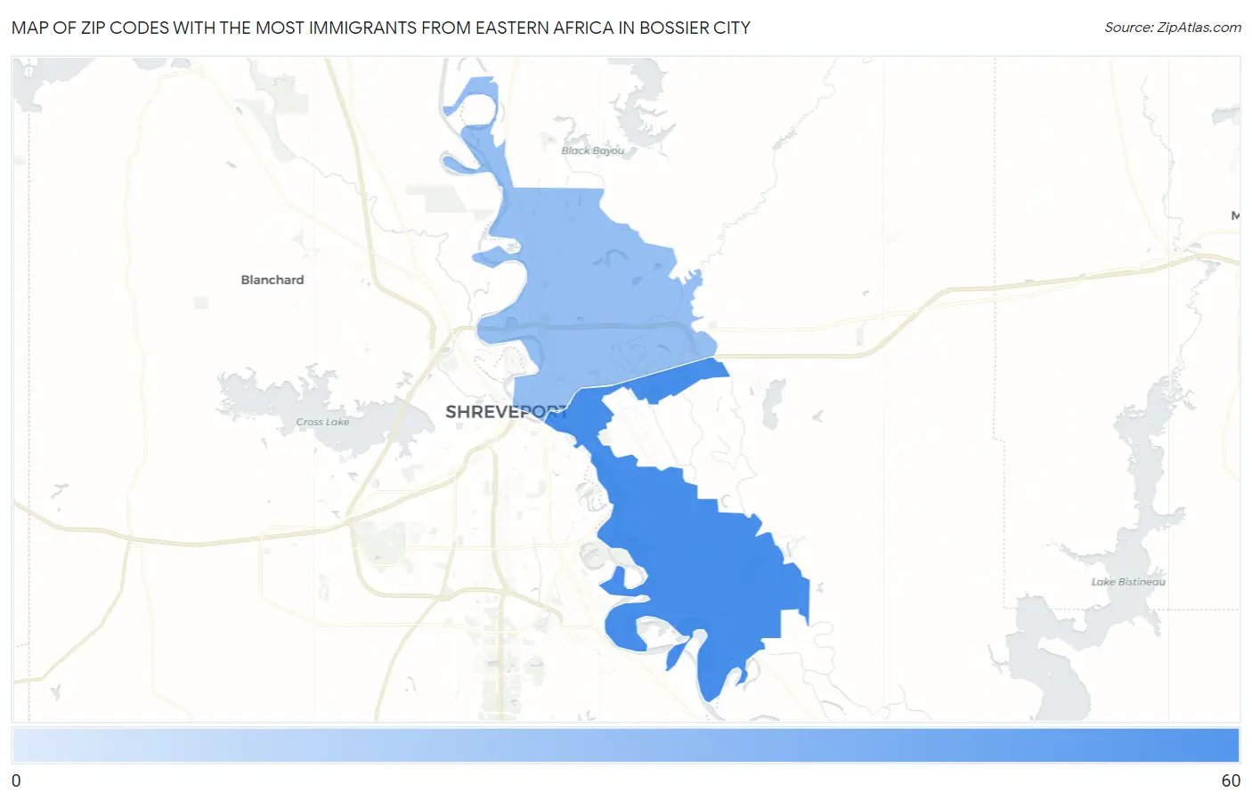 Zip Codes with the Most Immigrants from Eastern Africa in Bossier City Map