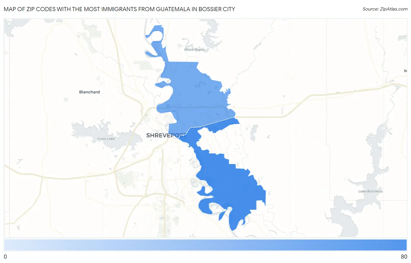 Zip Codes with the Most Immigrants from Guatemala in Bossier City Map