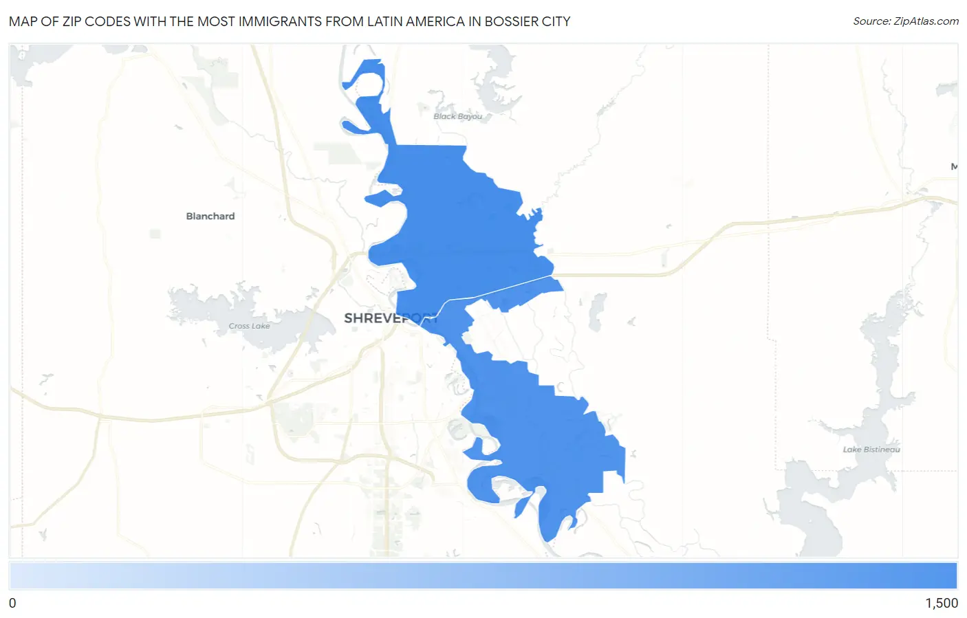 Zip Codes with the Most Immigrants from Latin America in Bossier City Map