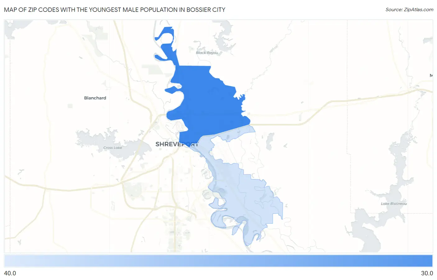 Zip Codes with the Youngest Male Population in Bossier City Map
