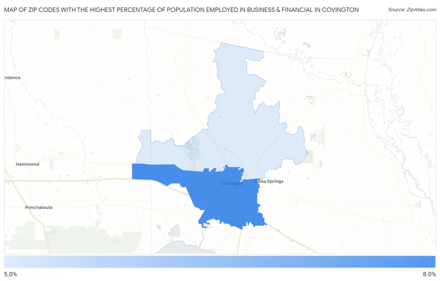 Zip Codes with the Highest Percentage of Population Employed in Business & Financial in Covington Map