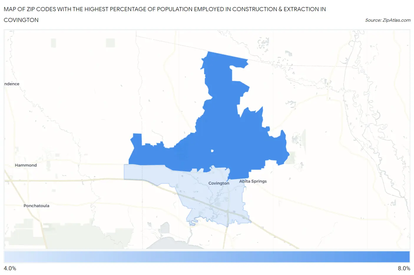 Zip Codes with the Highest Percentage of Population Employed in Construction & Extraction in Covington Map