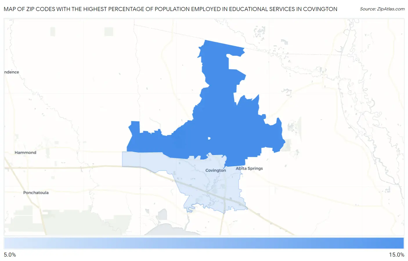 Zip Codes with the Highest Percentage of Population Employed in Educational Services in Covington Map