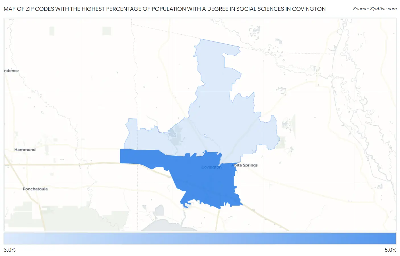Zip Codes with the Highest Percentage of Population with a Degree in Social Sciences in Covington Map