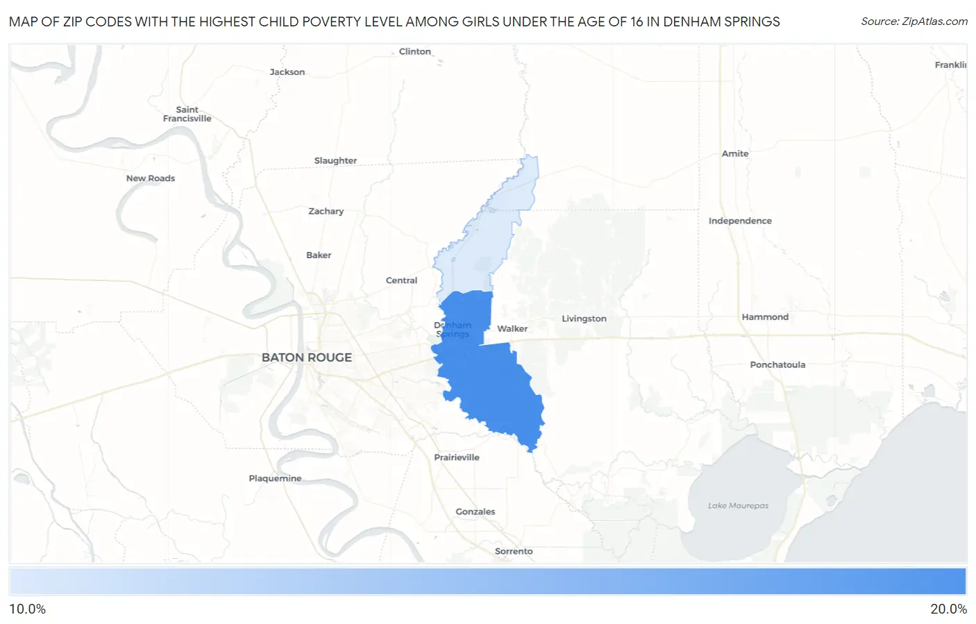 Zip Codes with the Highest Child Poverty Level Among Girls Under the Age of 16 in Denham Springs Map