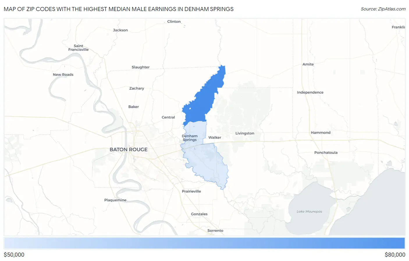 Zip Codes with the Highest Median Male Earnings in Denham Springs Map