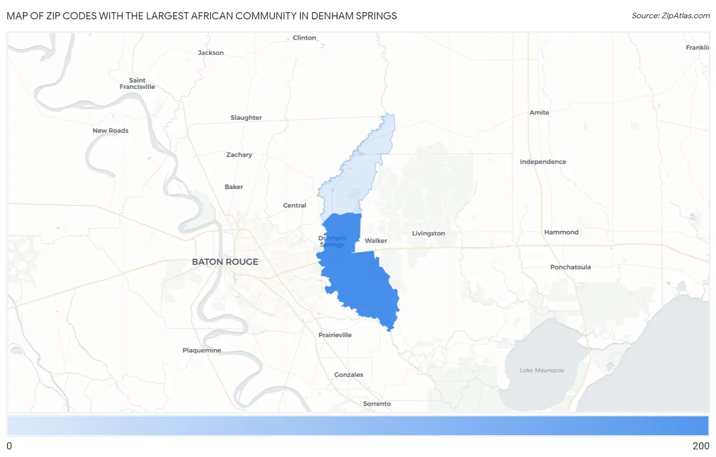 Zip Codes with the Largest African Community in Denham Springs Map