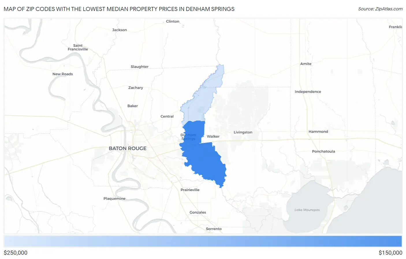 Zip Codes with the Lowest Median Property Prices in Denham Springs Map