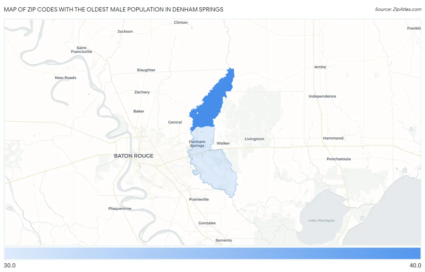 Zip Codes with the Oldest Male Population in Denham Springs Map