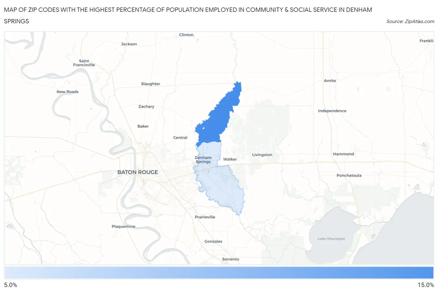 Zip Codes with the Highest Percentage of Population Employed in Community & Social Service  in Denham Springs Map