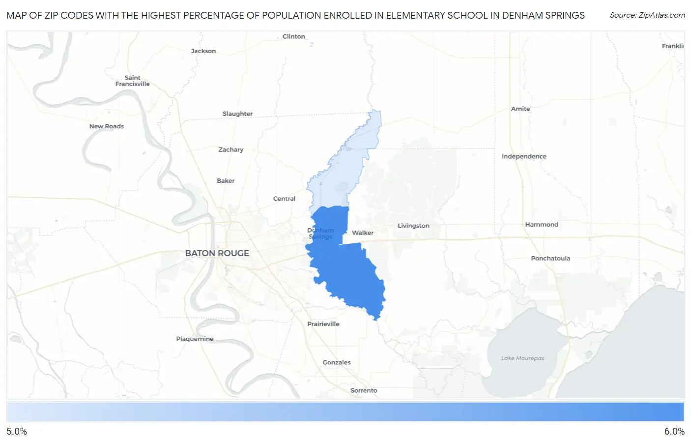Zip Codes with the Highest Percentage of Population Enrolled in Elementary School in Denham Springs Map
