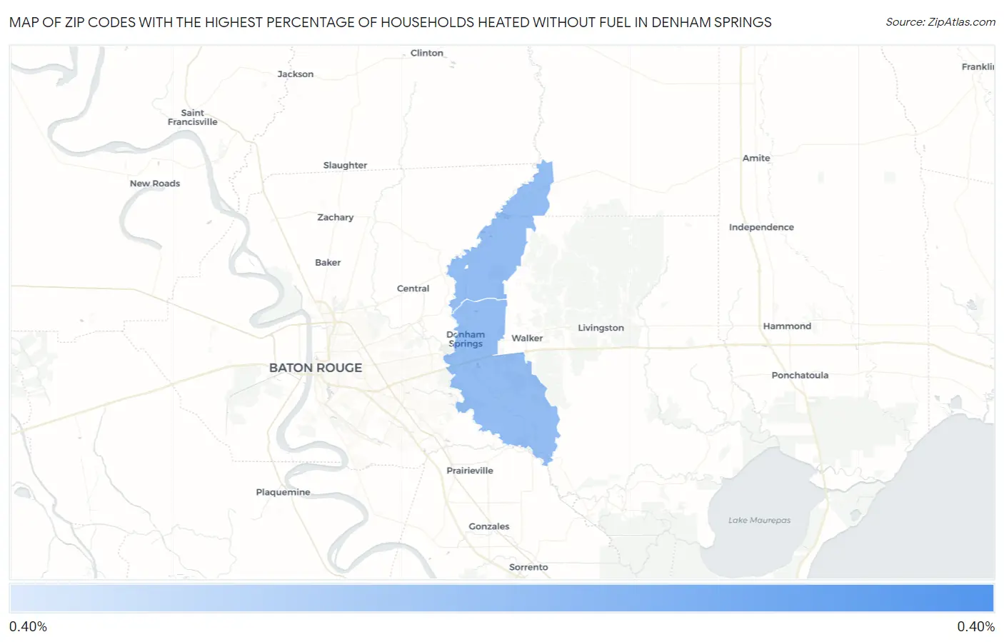 Zip Codes with the Highest Percentage of Households Heated without Fuel in Denham Springs Map