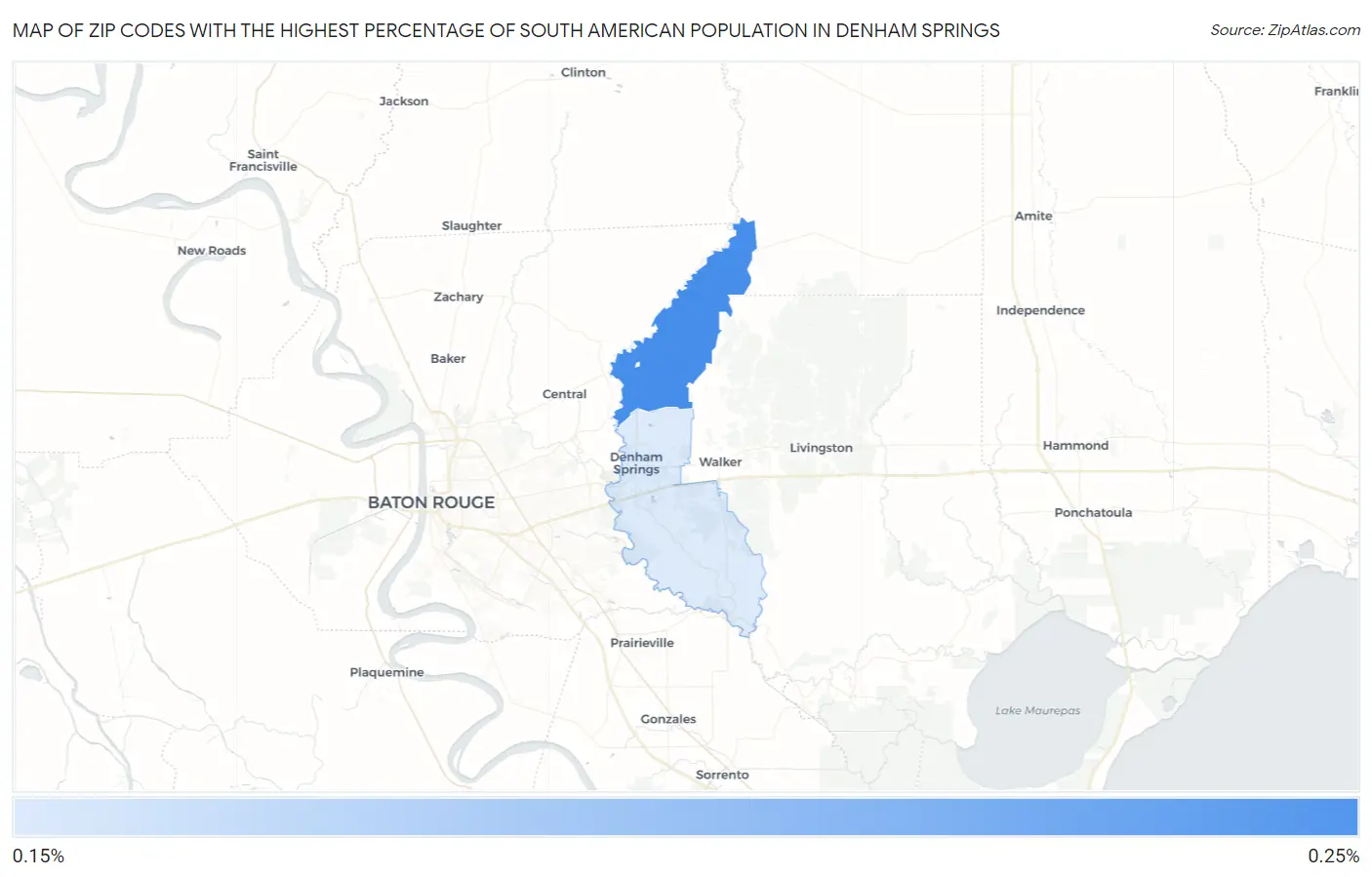 Zip Codes with the Highest Percentage of South American Population in Denham Springs Map