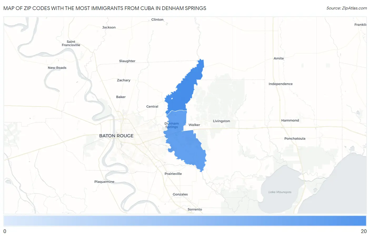 Zip Codes with the Most Immigrants from Cuba in Denham Springs Map